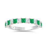 14K White Gold 1.00 CT Princess Green Emerald & White Diamond Alternating Band Ring